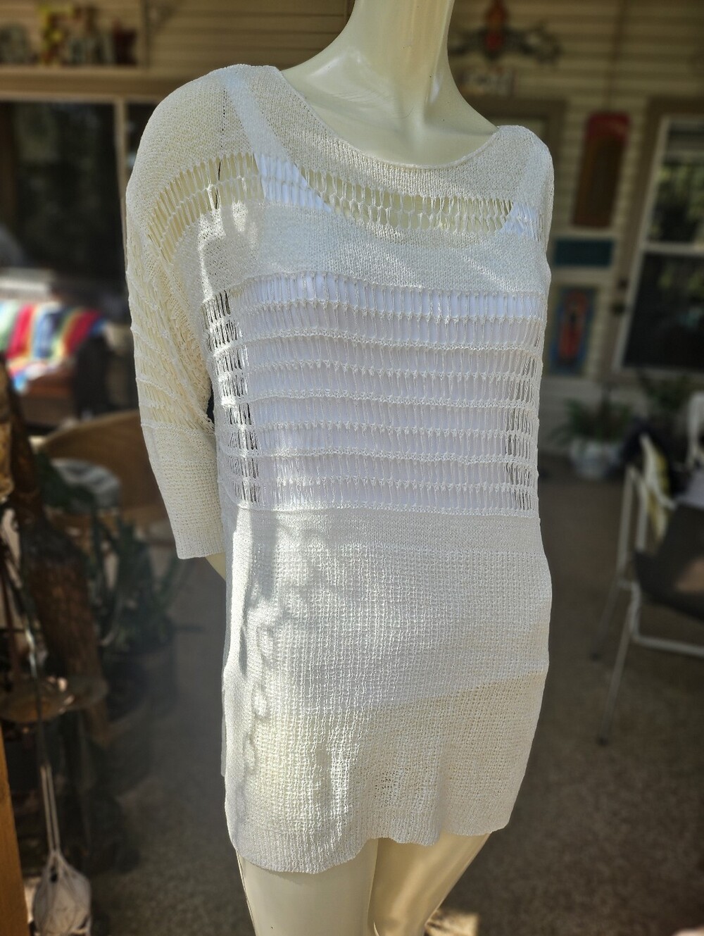 Miracle Body M Two Piece Set White Tank Top, Off White Crochet Tunic Sweater